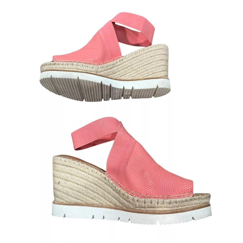 GENTLE SOULS womens size 8 pink preforated leather elastic strap peep toe wedges